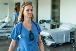 nurse walking through hospital room